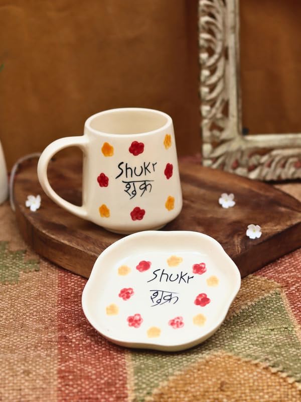 Image of WEAVING HOMES Shukr Mug (250ml) and Dessert Plate Set, Ceramic Coffee Mug with Snack Plate, Tea Time Gift Set for Home, Office, Birthday, Housewarming & Festive Gifting