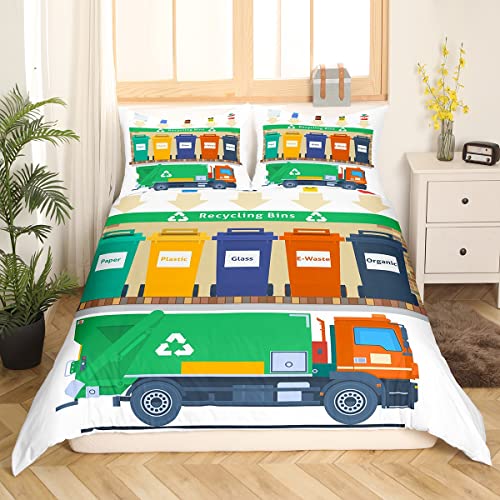 Recycling Trash Truck Duvet Cover Double Size Creen Garbage Truck Comforter Cover For Kids Boys Girls Teens Colorful Recycling Bins Bedding Set Waste Man Gement Themed Bedspread Cover 3 Pieces - Image 3
