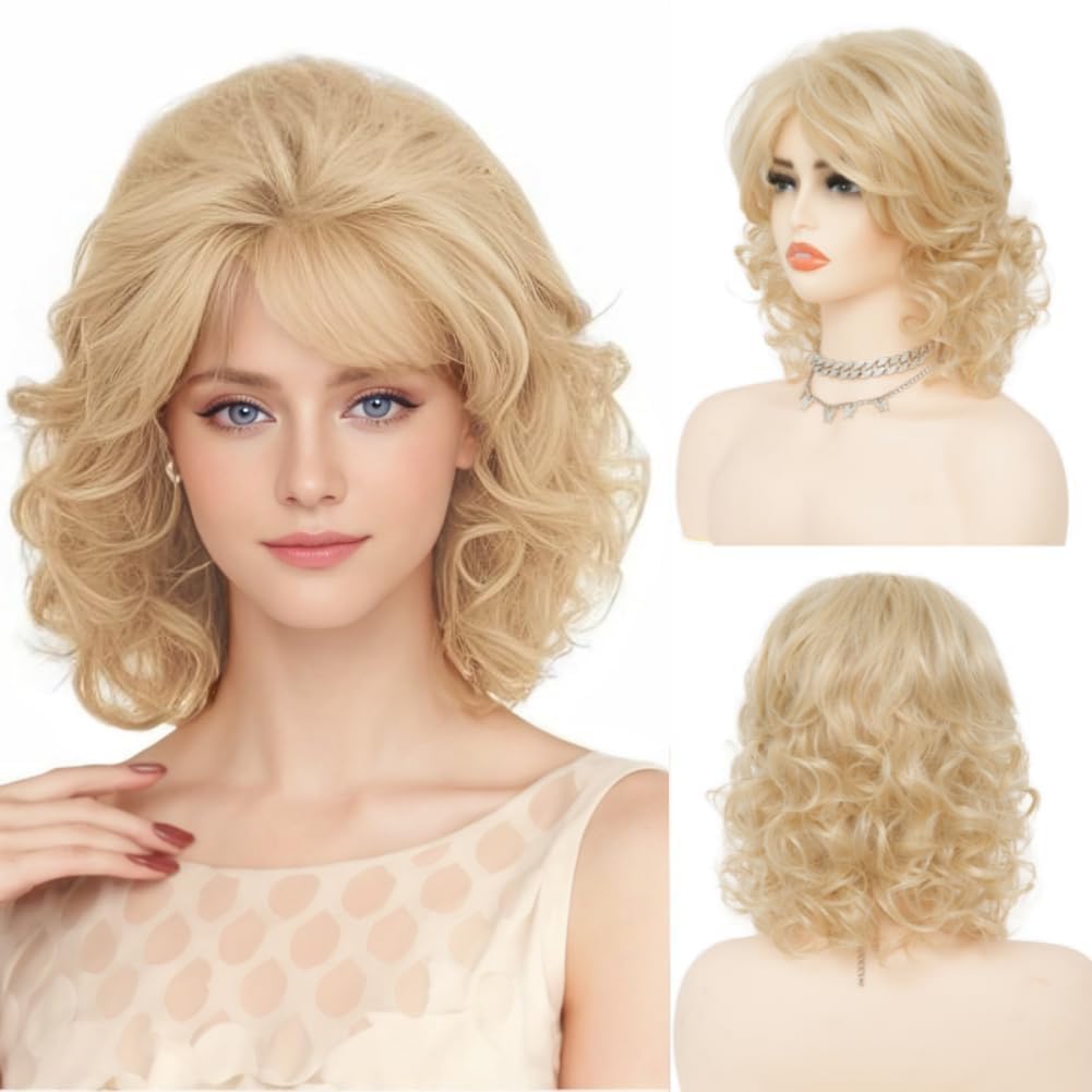 Salaibs Womens Blonde Short Curly Wig with Bangs Shoulder Lenght 70s 80s Retro Hair Wigs Natural Heat Resistant Fiber Wig for Cosplay Costume Disco Party Use