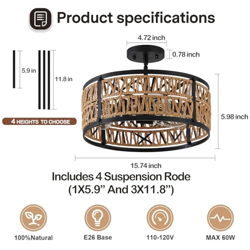 Bsyormak 3-Lights Rattan Boho Chandelier For Dining Room Drum Wicker Pendant Light Fixtures Hanging Woven Coastal Ceiling Light For Farmhouse Kitchen Island Living Room Bedroom thumb #5