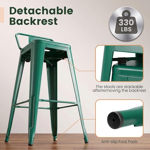 Butacos metálicos Shahoo de 30 pulgadas con respaldo, apilables, para barra y mostrador, estilo industrial, para interior y exterior, juego de 4 (verde) miniatura 4