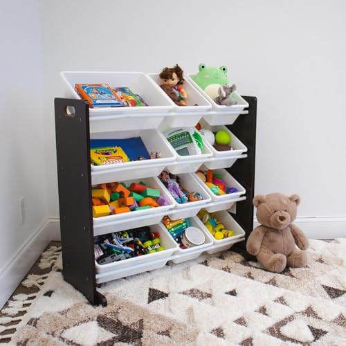 Image of Snazzy Kids Toy Storage Organizer with 12 Plastic Bins, Espresso /White - Removable Bins for Playroom, Bedroom, Toddler Furniture for Boys and Girls