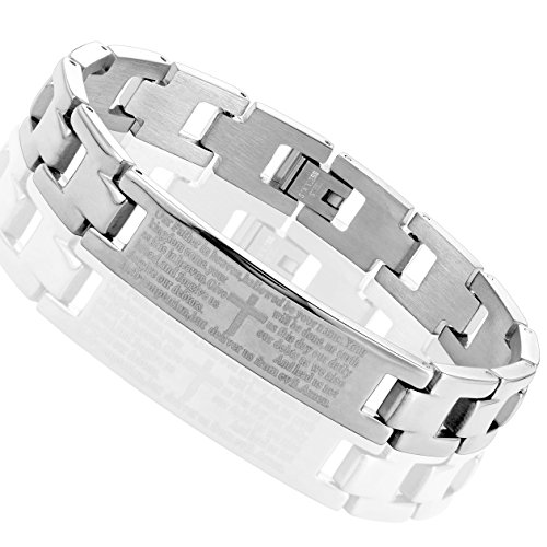 Urban Jewelry Lords Prayer Cross - 316L Stainless Steel Link Bangle Bracelet for Men (Silver)