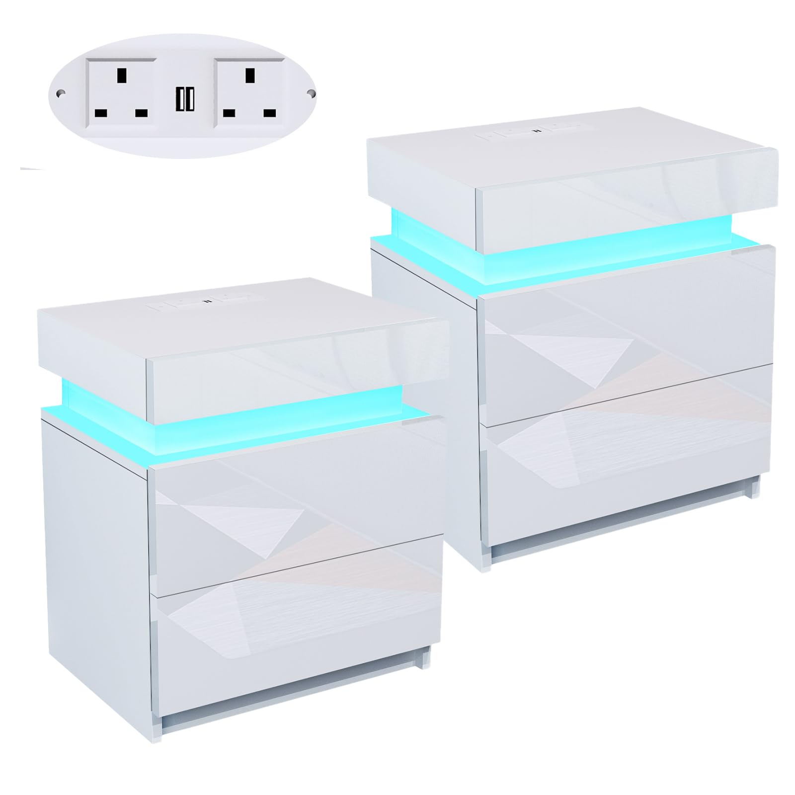 2 Pack White High Gloss Bedside Table USB UK Power Sockets LED 2 Drawers