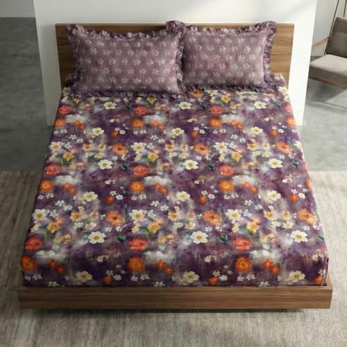 Image of Home Sizzler Microfibre Floral Double Fitted Bedsheet, 72x78 inch, Purple Mauve with 2 Ruffled Edge Pillow Covers