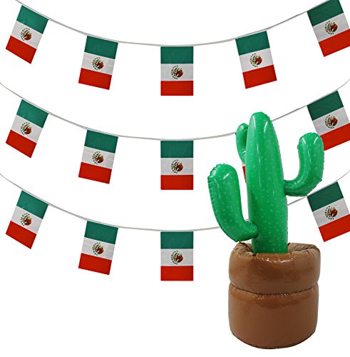 I LOVE FANCY DRESS Decoracion TEMATICA para Fiestas MEXICANAS Conjunto con 10 Metros DE BANDERINES MEXICANAS Y CACTO Inflable Fiestas TEMATICAS