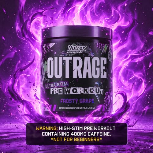 Image of Outrage Ultra HIGH STIM Pre-Workout Powder for Men | 400mg Caffeine, L-Citrulline, Beta-Alanine, Creatine | Extreme Energy, Focus, Strength & Endurance (30 Servings, Frosty Grape)