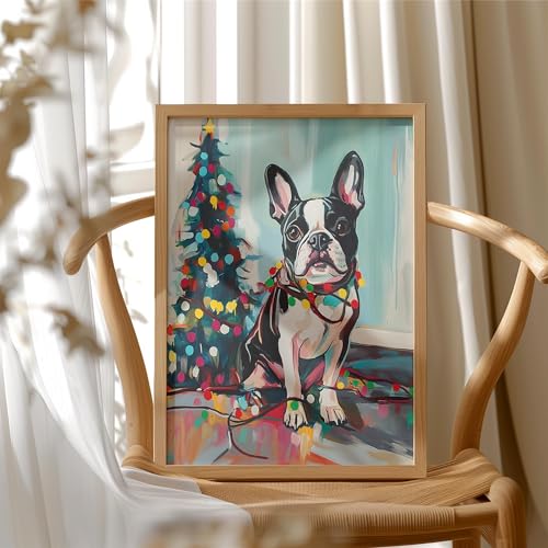 Image of aj decor Boston Terrier Christmas Wall Art Print Poster, Dog Pet Lover Picture Painting Artwork Bedroom Living Room Office Dining Room 150D (Boston Terrier Christmas, 11 inch W x 14 inch L, Wood Frame)