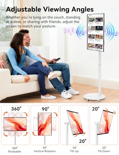 Image of HotYeah Portable Smart TV on Wheels, EDLA-Certified, 23.8 inch 1080P 2-in-1 Rolling TV & Monitor, w /Built-in 10000mAh Battery, Support Voice Control, USB-C & HDMI, Full Swivel Rotation (White)