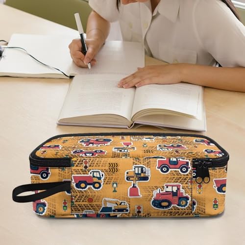 Image of Construction Vehicle Print Pencil Pouch for Boys 6-8 Kids Pencil Bag Portable Large Pen Bags with Mesh Pockets for Back to School Gifts