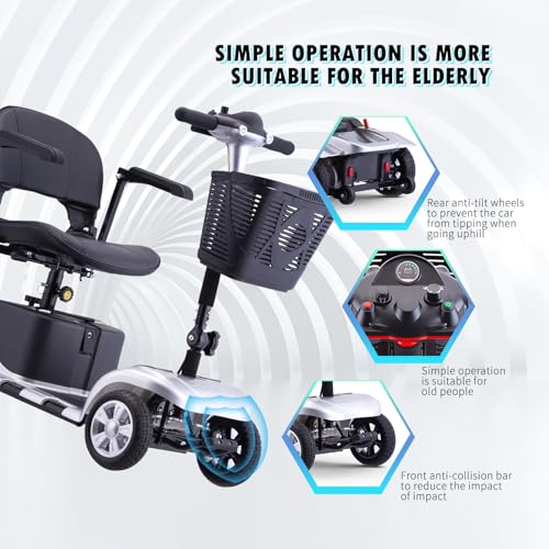 Mobility Scooter for Adults, Senior, Skmc 4 Wheels Electric Powered Chargeable Device for Travel, Lightweight and Portable, with LED Headlights and Basket, Charger Included, Red/Blue (Silver)