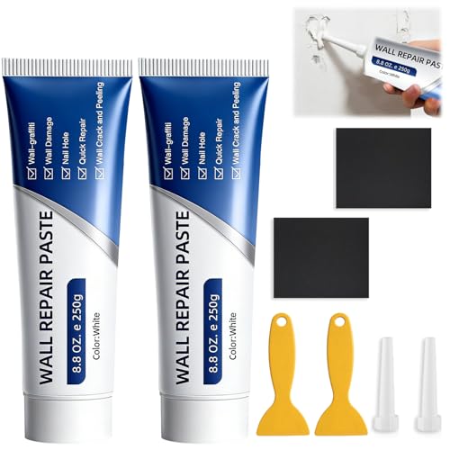 Drywall Repair Kit 2 Pcs Spackle Wall Repair Kit New Wall Crack Repair Paste Wall Repair Paste Tube with Scraper/Sandpaper Effective Repair of Scratches Holes Cracks and Wall Graffiti (2*250g)