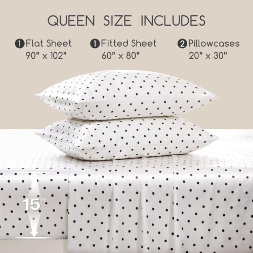 Image of MR&HM Satin Bed Sheets with Elastic Corner Straps, Queen Size Sheets Set, 4 Pcs Silky Bedding Set with 15 Inches Deep Pocket for Mattress (Queen, Polka Dot Ivory)