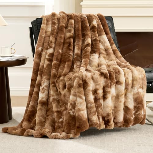 Cozy Bliss Deluxe Striped Rabbit Faux Fur Throw Blanket Soft Fluffy Warm Plush Blanket for Winter Modern Homr Decor Tie-dye Brown 50x60