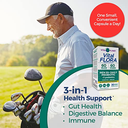 Vital Planet - Vital Flora Men 55+ Daily Shelf Stable Probiotic 60 Billion Cultures And 60 Strains, Immune And Digestive Support Probiotics For Men With Organic Prebiotics, 60 Capsules #TOP2