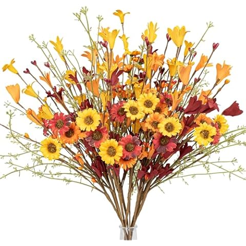 JINGHONG Artificial Fall Flowers 12 Pack Floral Picks 17" Tall Forsythia Stems with Berries for Autumn Flower Arrangements Centerpieces Indoor Outdoor Decorations Cover