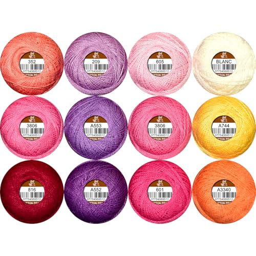 Double Mercerized Egyptian Long Staple Cotton Pearl Thread Ball 10 Grams Rainbow Color Embroidery Thread 12 Colors per Box for Crochet Hardanger Cross Stitch Hand Embroidery redpurple Series