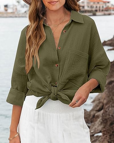 Image of NOLLSOM Casual Shirts for Women Long Sleeve Button Down Blouses Fall 2026 Solid Color Trendy Tops with Pocket