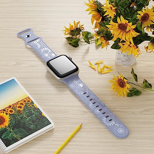 Image of Sunflower Engraved Band Compatible with Apple Watch Bands 38mm 40mm 41mm 42mm 44mm 45mm 49mm Women, Designer Soft Glossy Floral Silicone Strap for iWatch Series Ultra 11 10 9 8 7 6 SE 5 4 3 2 1