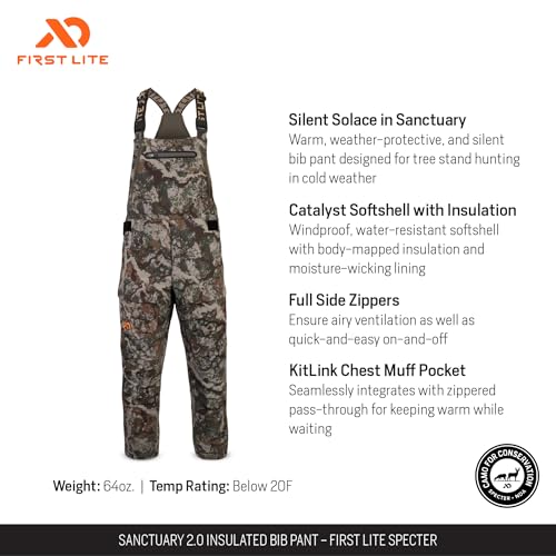 First Lite Men's Sanctuary 2.0 Insulated Bib Pant - Windproof Softshell Camo Hunting Bibs2