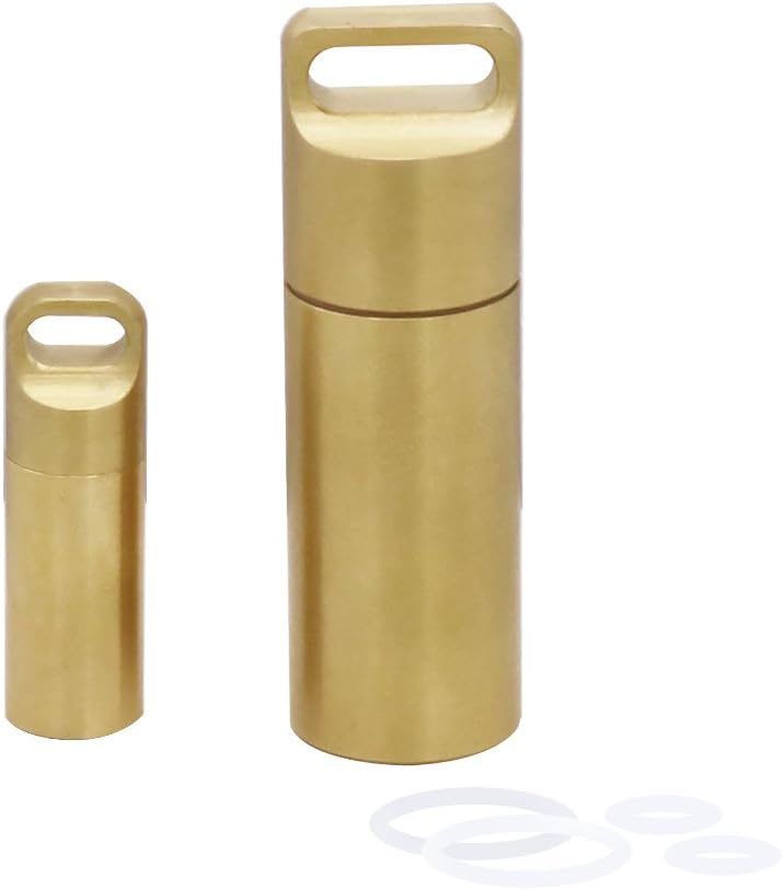 HRX Package Solid Brass Pill Box Keychain, Waterproof Dry Pill Fob Case Container Holder for Purse Pocket Outdoor Hiking Camping EDC Tool Kit (2PCS)
