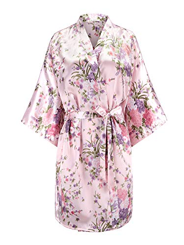 EPLAZA Women Floral Satin Robe Bridal Dressing Gown Wedding Bride Bridesmaid Kimono Sleepwear (Pink, Small-Medium)