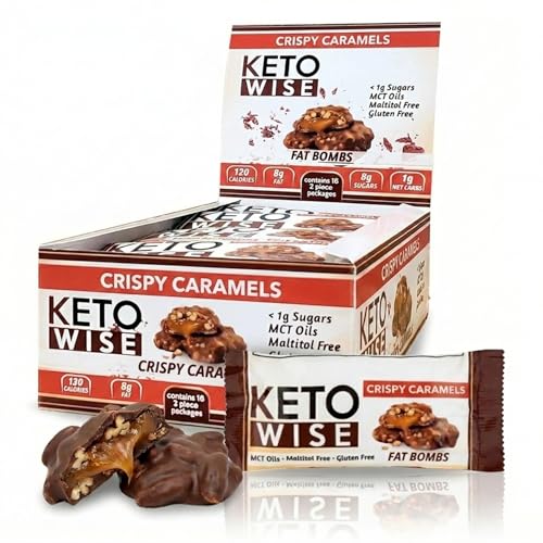Keto Wise Fat Bombs - Made with Chocolate containing MCT Oil - Low Fat, Low Carb and Keto Friendly Snack - 8g Fat, 1g Net Carbs | Crispy Caramels, Pack of 16