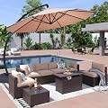 Aoxun 9-Piece Patio Furniture Set with 11FT Patio Umbrella with Base & 44’’ Fire Pit Table Outdoor Patio Furniture Set with Waterproof Cover Wicker Rattan Set with 4" Cushion(Beige)