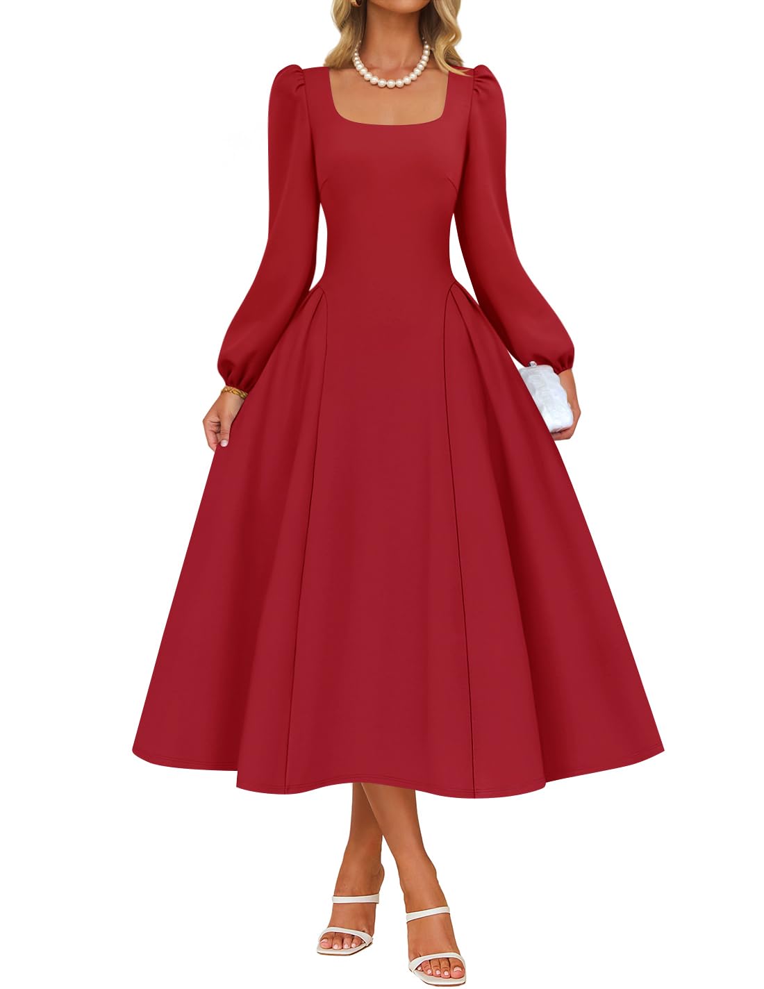 ZESICA Womens Long Sleeve Midi Dresses 2026 Fall Square Neck Swing A Line Wedding Guest Evening Prom Dress
