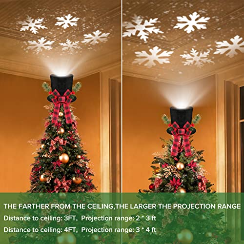 BLOOMWIN Christmas Tree Topper Hat Lighted with Snowflake Projector, Black Velvet Bowler Hat with Red Plaid Bow Pine Cones, Rustic Christmas Decorations for Home Tree Topper with Lights - image 3