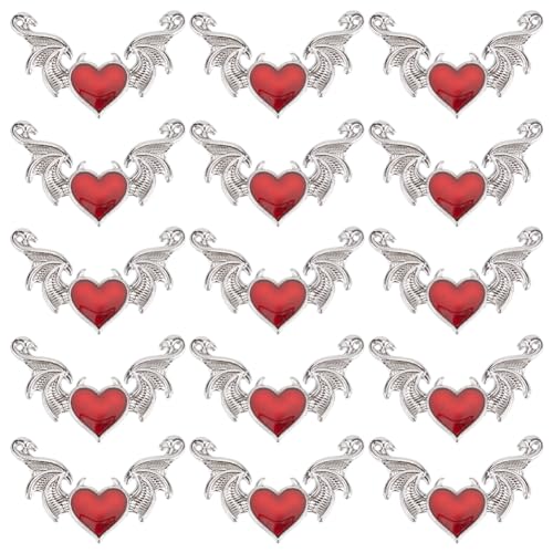 SUNNYCLUE 1BOX 30PCS Silver Heart Wing Charms Bulk Gothic Connector Charms Antique Enamel Red Heart Devil Halloween Bat Wing Links Charm for Jewellery Making Charm DIY Earrings Bracelet Necklace