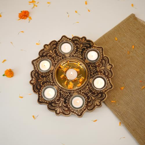 Image of BEHOMA Wooden Urli Bowl with 6 Tea Lights, Natural Wood, 12 inch | Natural wood mandala urli with 6 tea lights; ideal centerpiece for Diwali, rangoli & festive gifting.