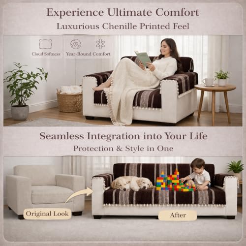 Image of STITCHNEST Chenille Printed Sofa Cover 3 Seater with 2 Hand Rest Covers - Washable Brown Sofa Cover with Tassels - Durable Premium Fabric - Stylish Sofa Protector for Living Room & Furniture Decor