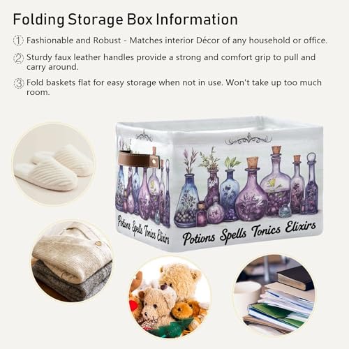 Image of Halloween Witch Potions Storage Basket with Waterproof Liner and PU Handles Purple Herb Spooky Storage Bins Boxes 14.2 inch Collapsible Decorative Organizer Baskets for Bedroom Closet Office 1 Pack