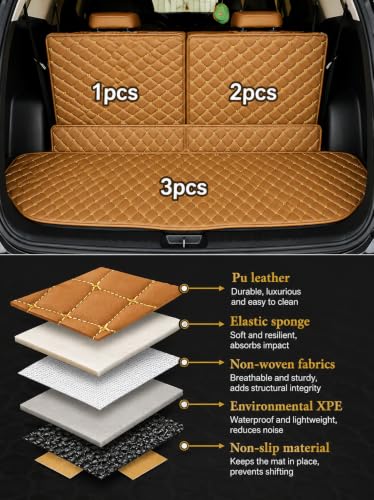 Image of Premium 7D Boot /Trunk Mats Compatible for Alcazar 7 Seater||Luxury Leather Double Layered mats||Complete Set ||100% Waterproof and Washable (Tan with Golden)