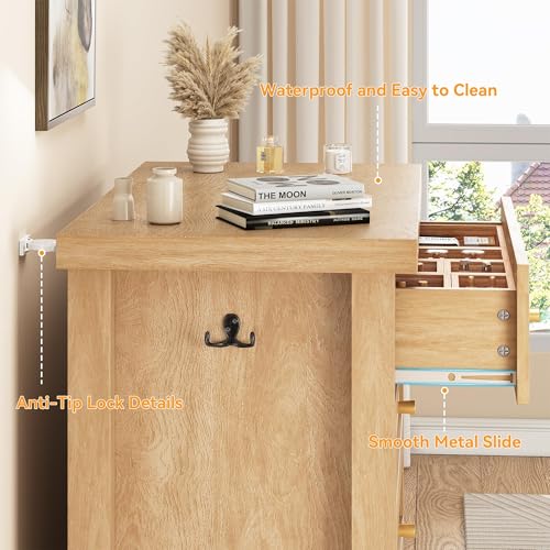 Image of Natural Rattan Dresser for Bedroom with 5 Drawers, Wood Boho Chest of Drawers with Gold Metal Handle, Matte Top Bedroom Tall Dresser with Large Drawers for Living Room, Closet, Hallway, (Nartual)