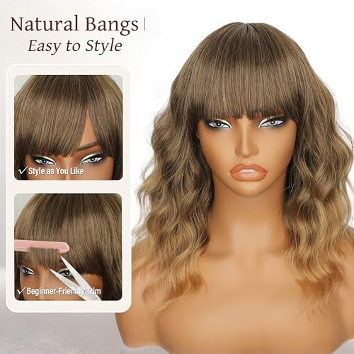 Image of Nnzes Short Wavy Bob Wig with Bangs for Women Shoulder Length Curly Soft Light Brown Blonde Ombre Synthetic Heat-Resistant Fiber Hair for Daily & Party Use