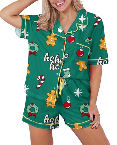 Image of KevaMolly Women Floral Notch Collar 2 Piece Holiday PJ Set | Print Short Sleeve Top, Drawstring Soft Vacation Sleep Shorts