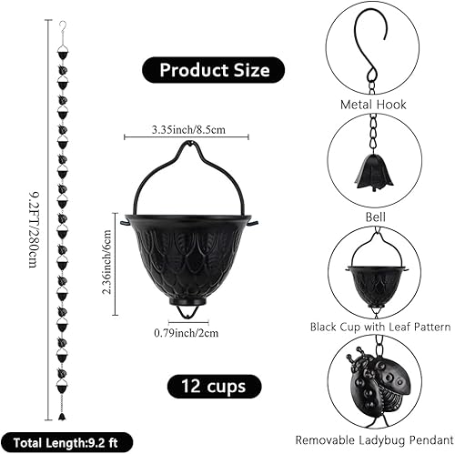 Miniatura 3 de Qipade Cadena de lluvia de 9.2 pies, cadenas de canaleta de lluvia negras con 12 tazas y decoración de mariquitas desmontable, cadena ajustable para