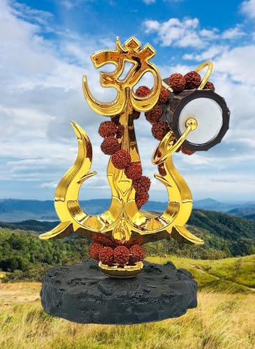 Image of Om Trishul with Damroo /Damru & Rudraksha Mala | Gold-Plated Religious Showpiece for Car Dashboard, Home Temple & Office Decor | Hindu Spiritual Gift Item DAMROO