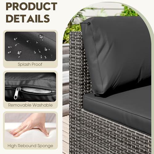 Image of LHBcraft 7 Piece Patio Outdoor Furniture Set, All-Weather Wicker Black Outdoor Sectional Patio Sofa, Rattan Outside Furniture with Cushion and Glass Coffee Table