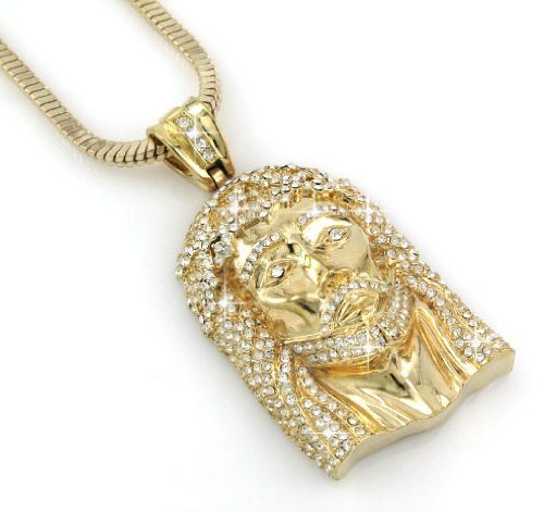 HIP HOP BLING Gold Tone ICED OUT JESUS FACE PENDANT
