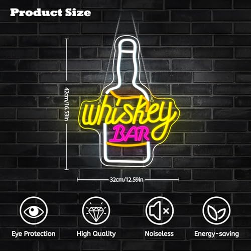 Image of Whiskey Bar Neon Sign for Wine Decor Neon Beer Signs for Party Decor LED Wine Bottle Light Up Bar Pub Lounge Man Cave Wall Art Alcohol Gifts for Beer Lover Bartender