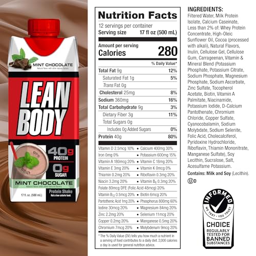 Image of Labrada Lean Body Ready-to-Drink Mint Chocolate Protein Shake, 40g Protein, Whey Blend, 0 Sugar, Gluten Free, 22 Vitamins & Minerals, (Recyclable Carton & Lid - Pack of 12) LABRADA