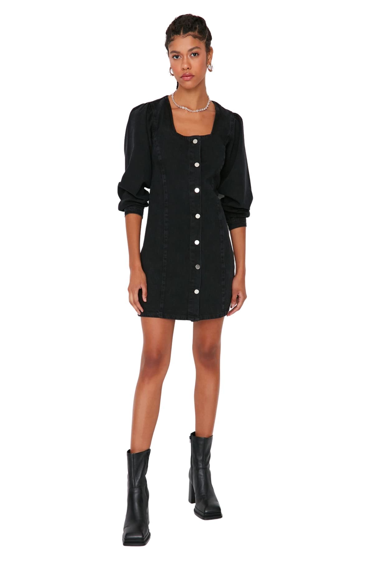 Trendyol Damen Schwarz Woman Midi A-Linie Zweireihig Webstoff Kleid, 40 Eu