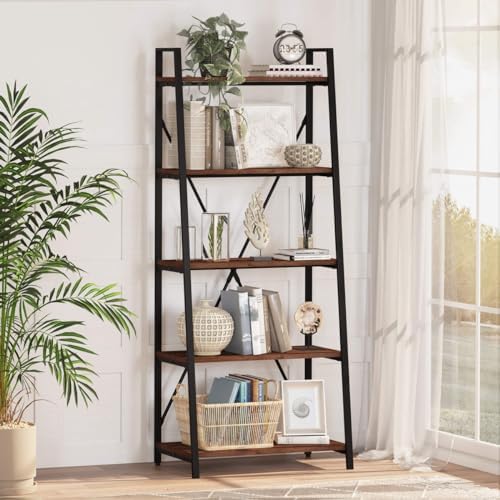 BON AUGURE Ladder Shelf Bookcase, 5-Tier Industrial Ladder Bookshelf, Tall Living Room Shelves, Wood and Metal Leaning Shelf for Home Office, Kitchen, Bedroom, Balcony (Rustic Oak)