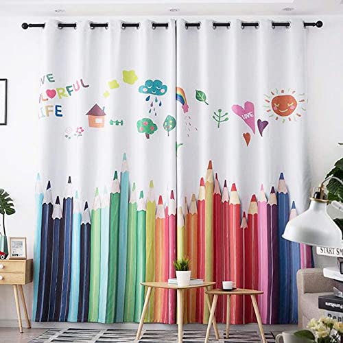 Image of 3D Printed Cartoon Curtains for Kids Room Play School Curtains for Door 7 feet Curtain Set of 2 Pcs, Pencil Colors