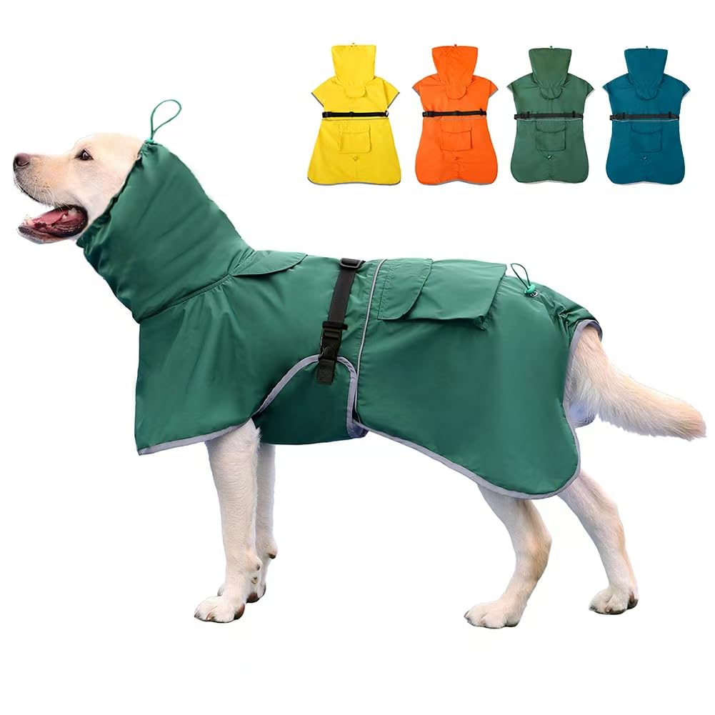 KOOGAL Waterproof Dog Raincoat Adjustable Dog Hooded Slicker Poncho Raincoat for Medium Large Dogs, Reflective Dog Rain Jacket(Green, 5XL)