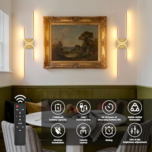 Image of Battery Operated Wall Sconce with Remote Control, USB Rechargeable Wireless Wall Sconce Set of 2, LED Dimmable Wall lamp, 3 Color /Timer /Memory, Gold Wall lights for Bedroom Living Room, 31.5 inch