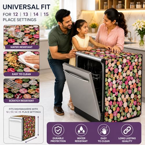Image of Waterproof Dishwasher Cover for 12 to 15 Place Setting | Suitable with Bosch, LG, IFB, Hafele, Faber & More | Dustproof Appliance Protector Zip Cover Universal Fit-(63X63X88cms Design 7)
